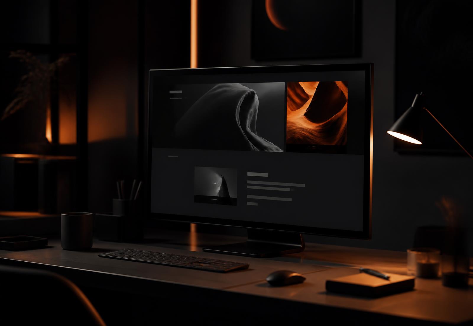 Web design studio workspace with a website on screen